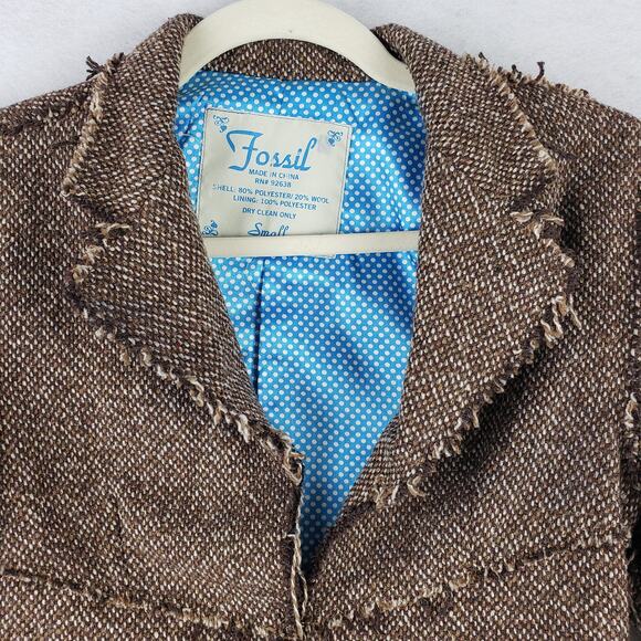 Vintage Fossil Women's S Frayed Tweed Open Blazer‎ Jacket Brown Old Money Preppy - Picture 2 of 10